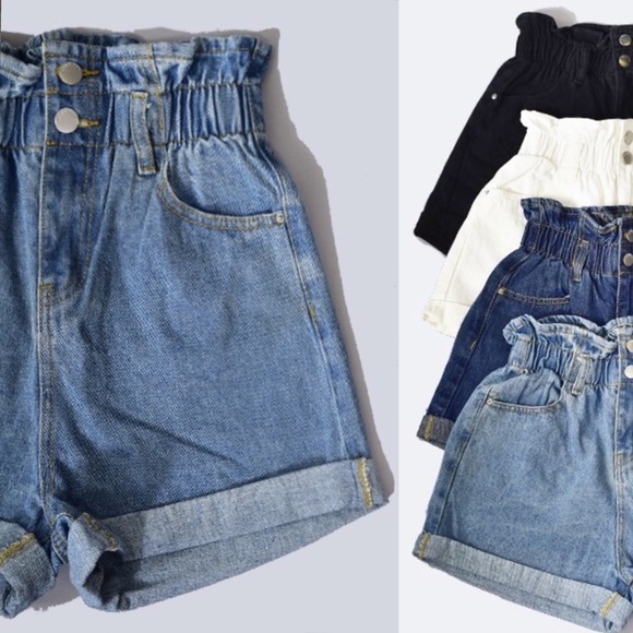 Paperbag Elastc Waist High Rise Denim Shorts - Picture 4 of 8